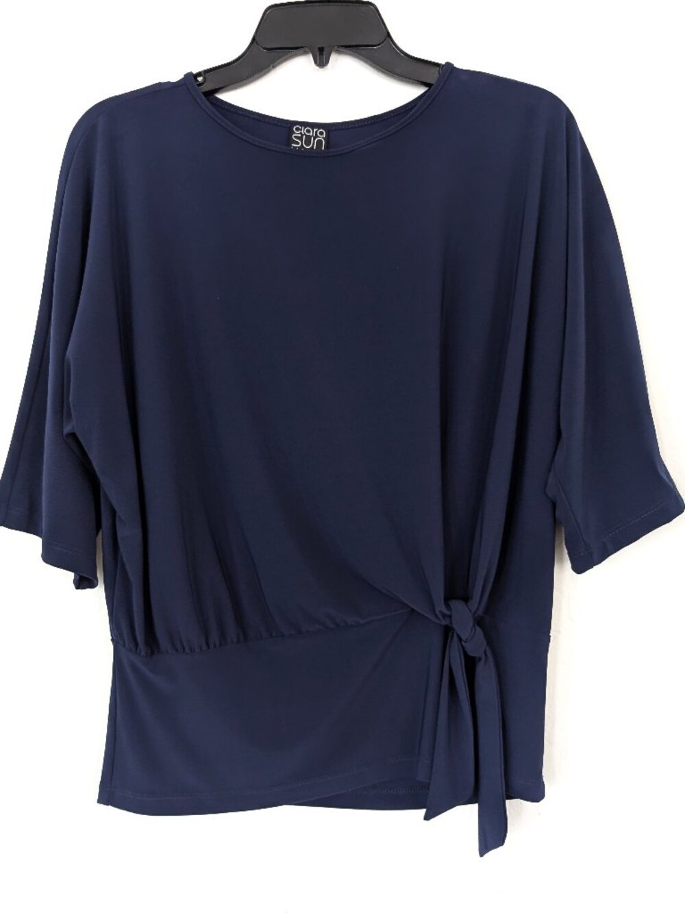 CLARA SUN WOO Top Women's M Navy Blue Knotted Accent 3/4 Sleeve Stretch Career